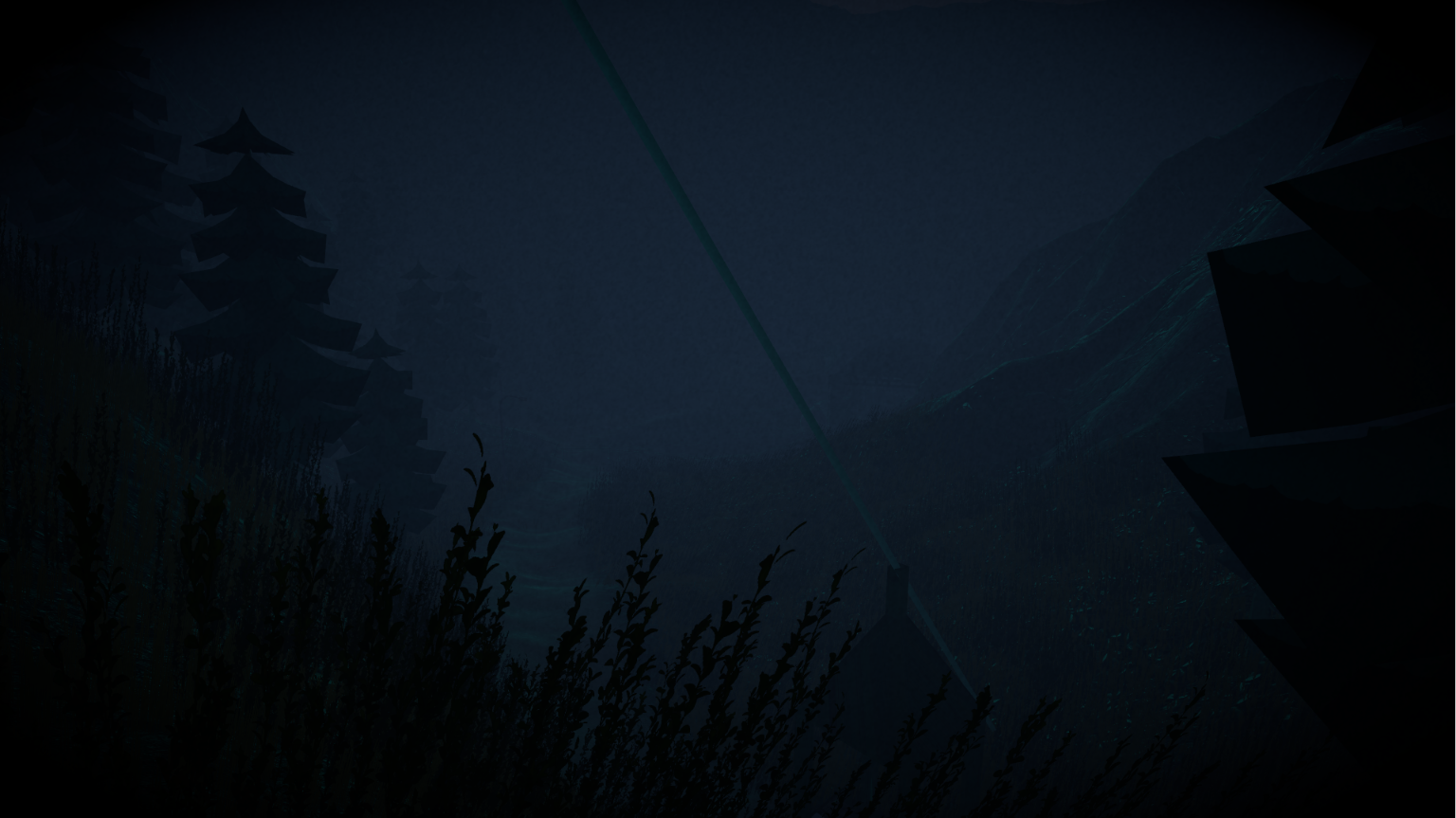 Dark atmospheric gameplay scene in a misty valley