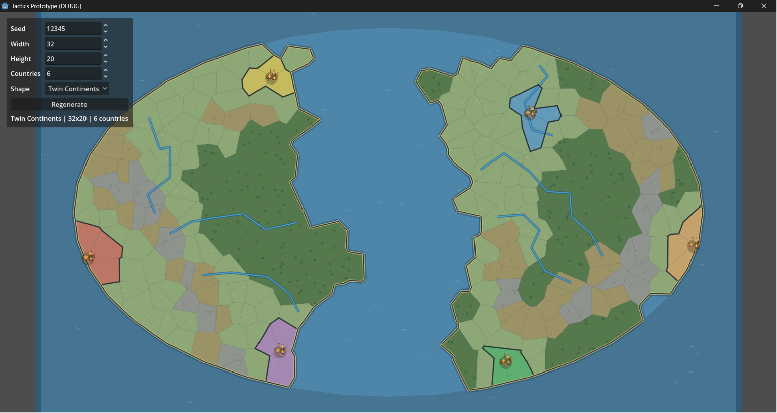 Work-in-progress strategy game map with generated territories